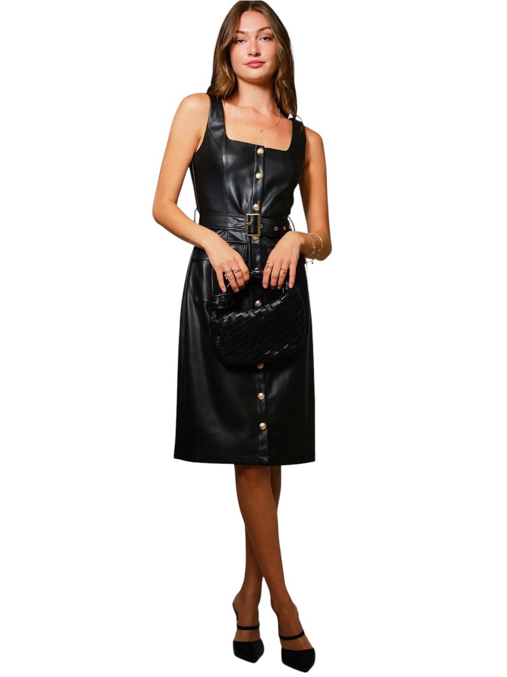 NEW blue b Black Faux Leather & Gold Button Up Belted Fitted Midi Dress